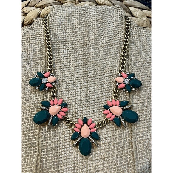 J. Crew Jewelry - J CREW Statement Necklace Rhinestone Chunky Forrest Fairy Green Gold Tone Y2K